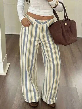 Multicolor Casual Women's Straight Leg Loose Pocket Vertical Striped Jeans